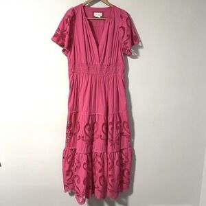 Anthropologie Somerset Maxi Dress Pink Cutwork Edition Tiered Flutter Sleeve  1X